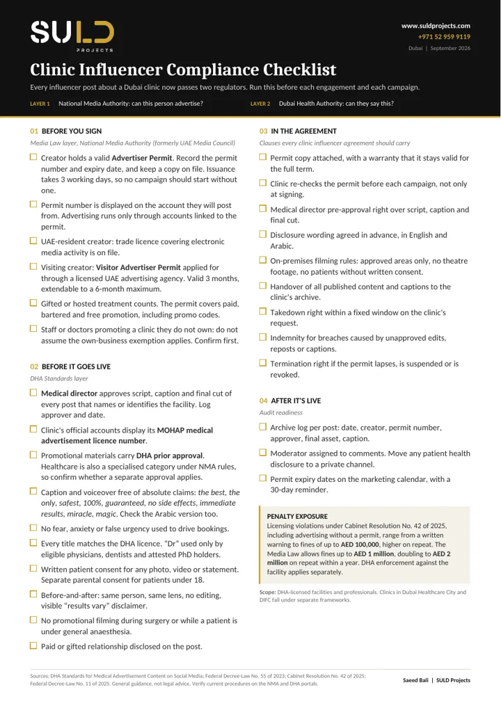 Preview of the one-page Clinic Influencer Compliance Checklist